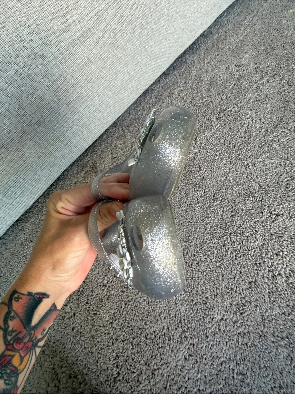 Mini Melissa Silver Glitter Mary Jane Shoes with Flower Accents